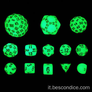 Bescon super luminoso in un set di dadi rpg poliedrici completi buio 13pcs d3-d100, set di dadi di ruolo ambra e luminoso